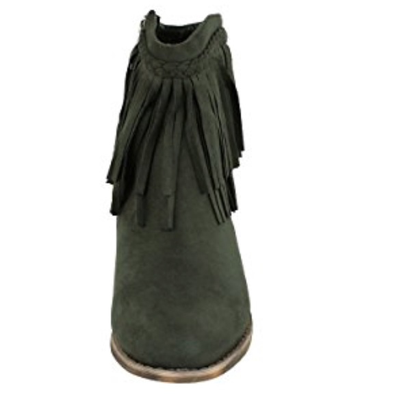 Olive Green Western Boho Braid Fringe Ankle Boots - Picture 11 of 13